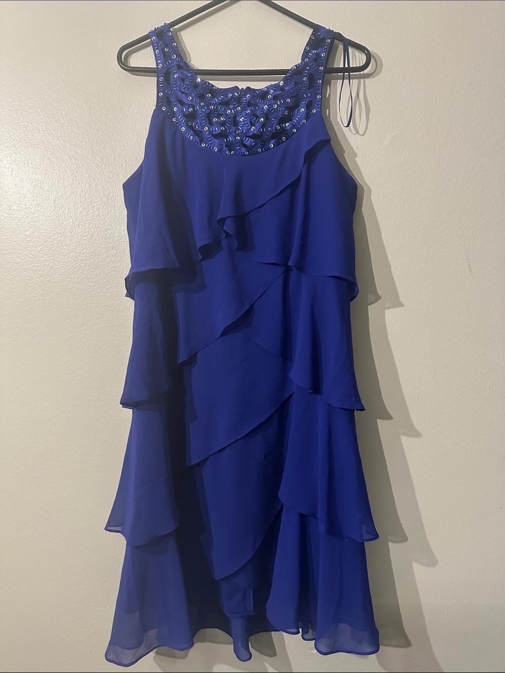 S.L.Fashions Blue Beaded Ruffle Tiered Cocktail Dress Sz 12